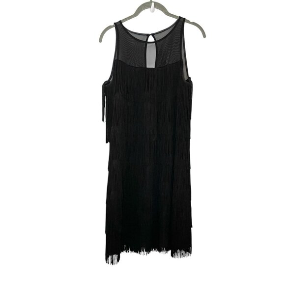 WHITE HOUSE BLACK‎ MARKET Fringe Flapper Tiered Dress Black Solid Sleeveless S - Picture 1 of 7